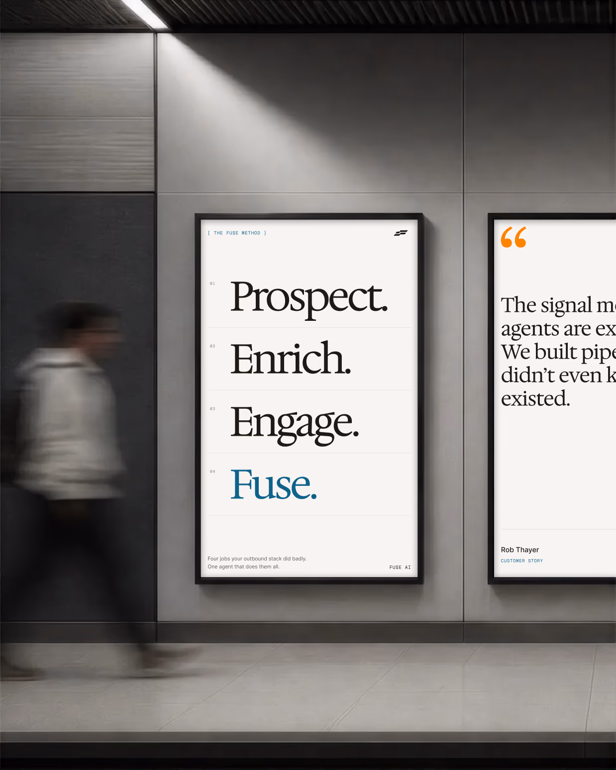 FuseAI 'Prospect. Enrich. Engage. Fuse.' posters in a subway station