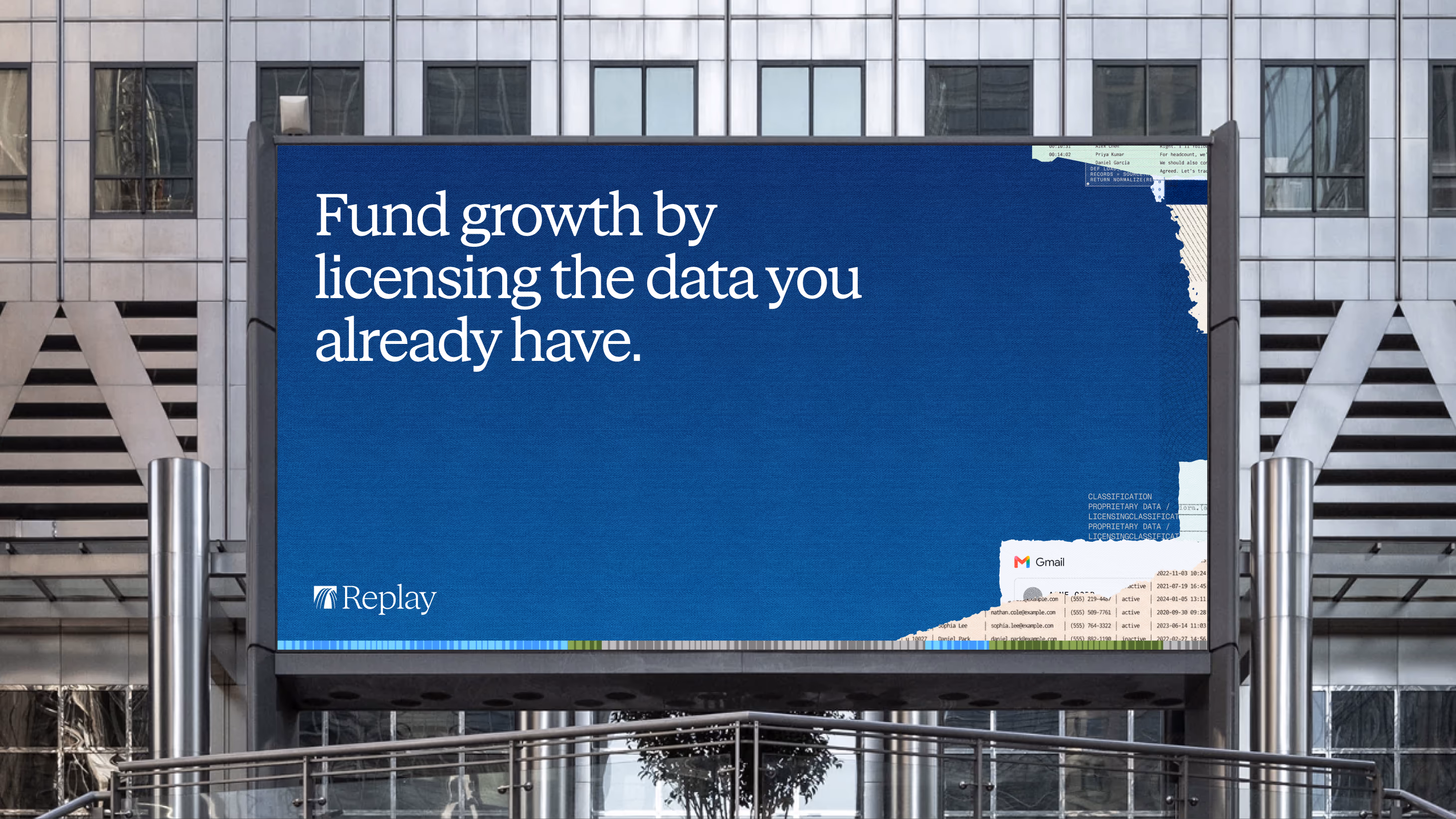 Replay billboard on an office tower reading 'Fund growth by licensing the data you already have.', brand identity by PIXELUP LABS