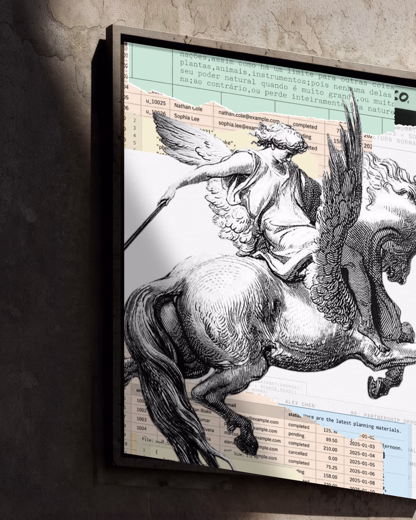 Replay poster pairing a Pegasus engraving with spreadsheet records, framed on a stone wall