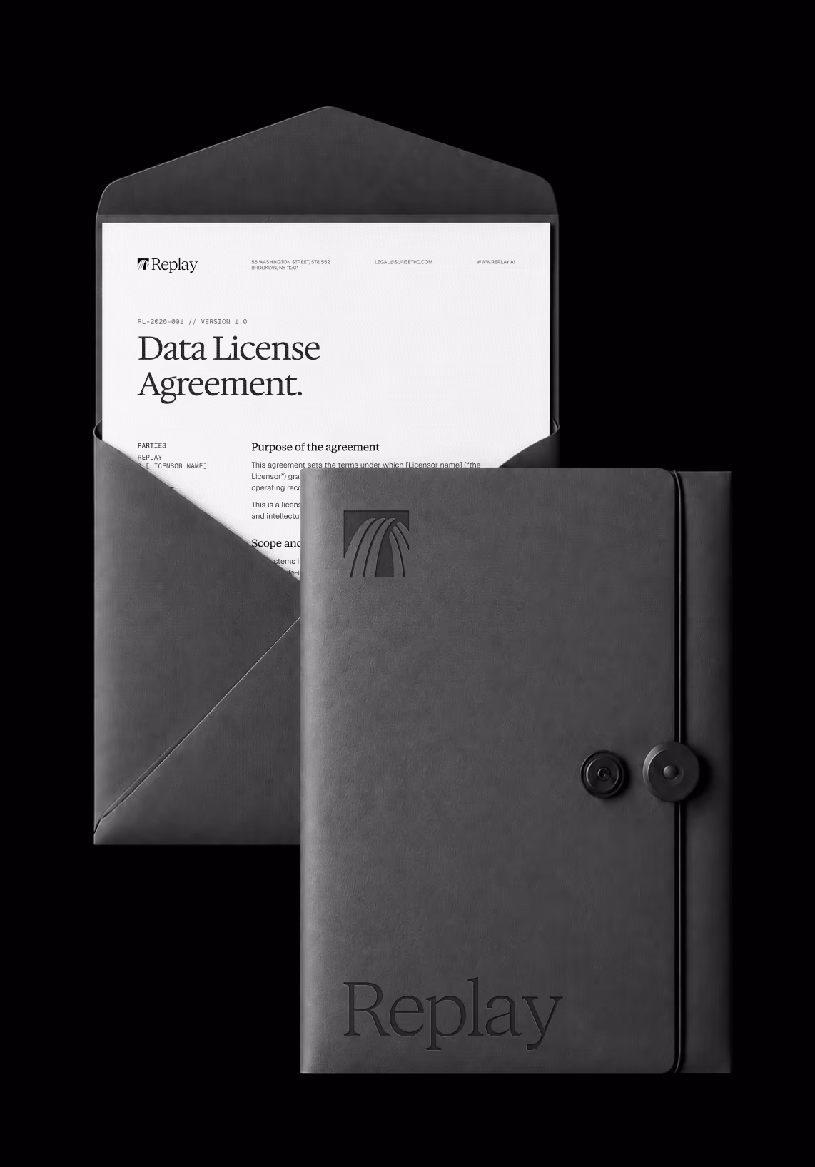Replay data license agreement in a folder and envelope