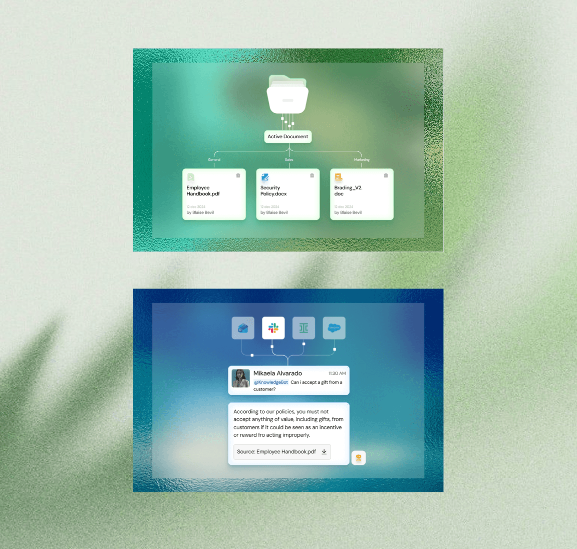 Streamline document knowledge graph and Slack AI conversation cards on a green glass background