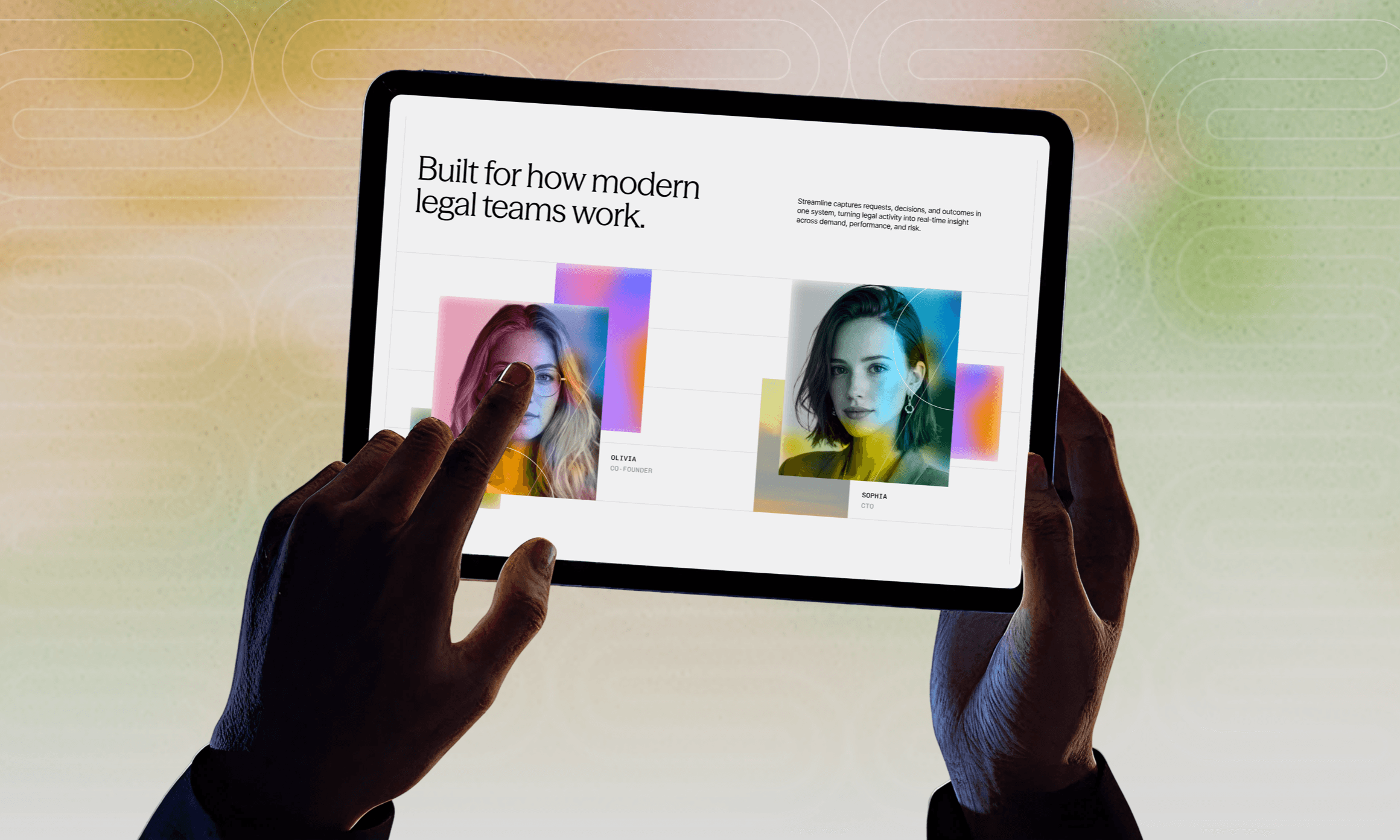 Streamline 'Built for how modern legal teams work' team page on a tablet held in hands