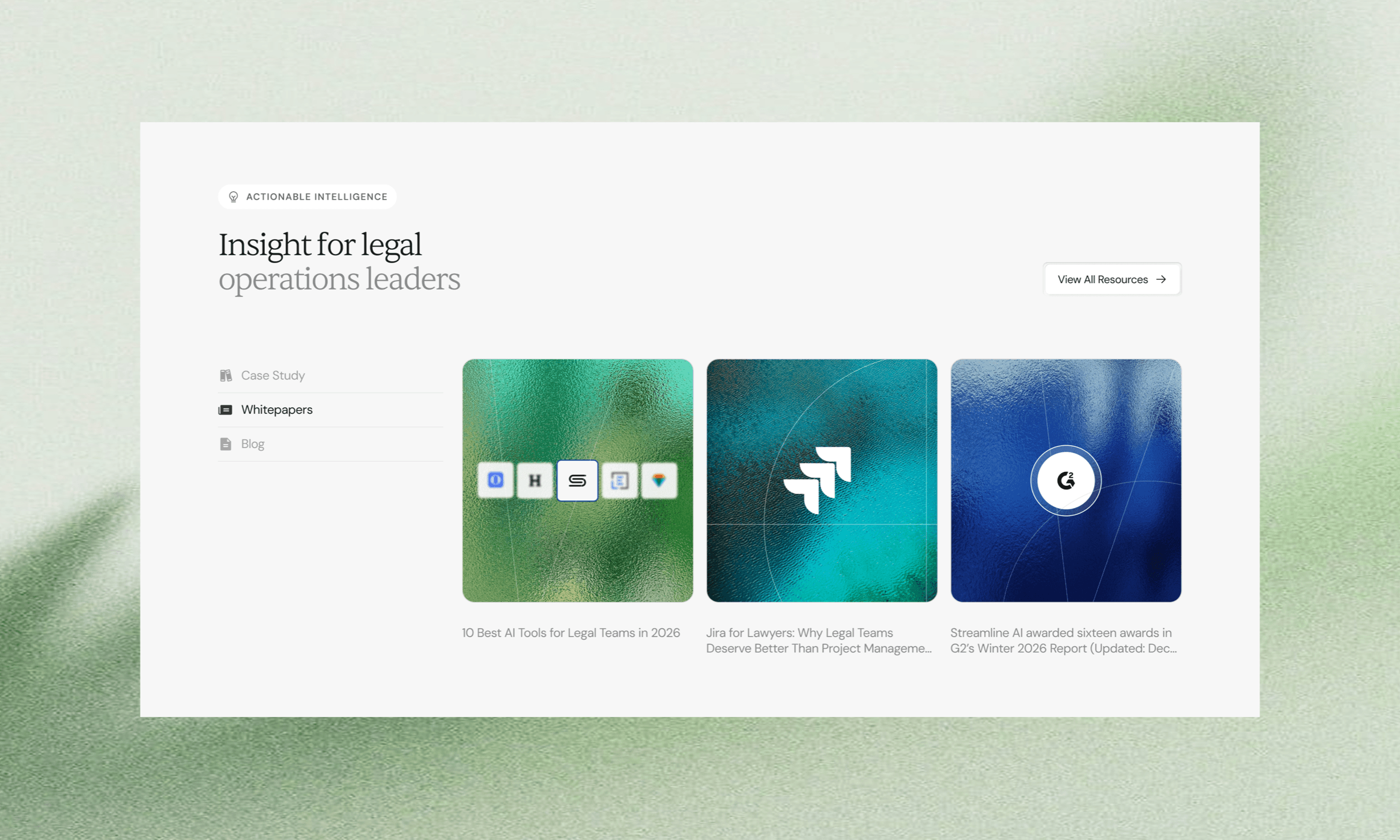 Streamline resources section 'Insight for legal operations leaders' on a green background