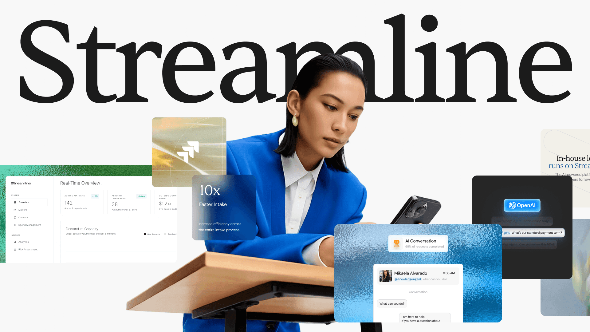 Streamline serif wordmark over a collage of legal AI product cards with a woman working at a desk