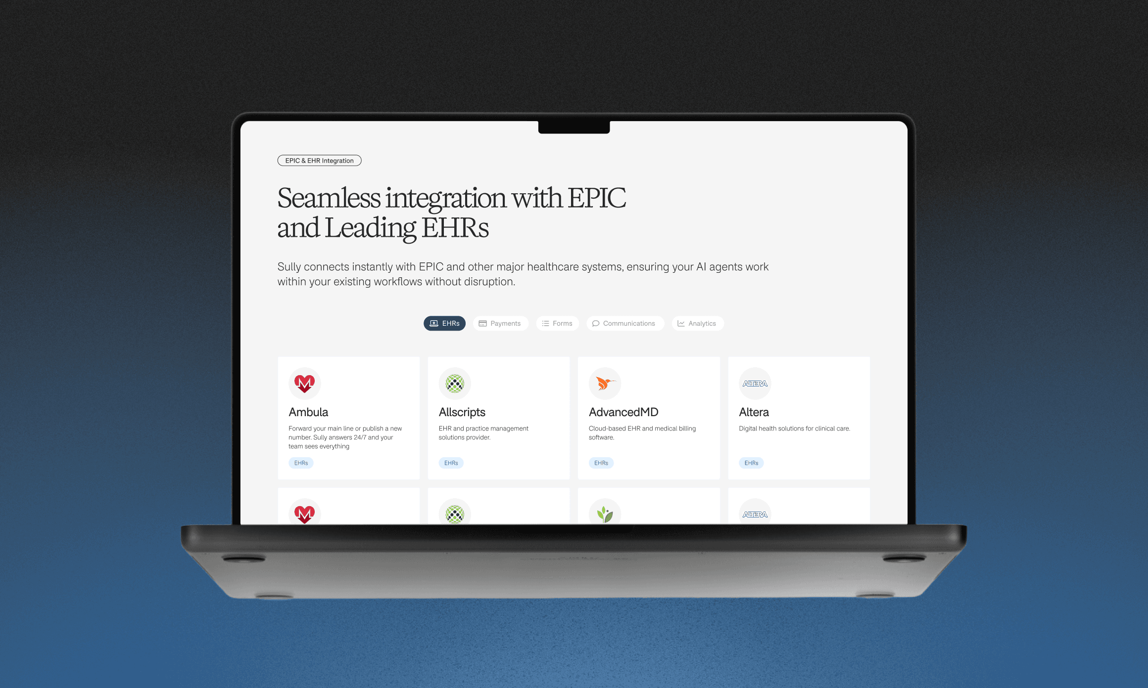 Sully.ai EPIC and EHR integrations explainer page on a laptop