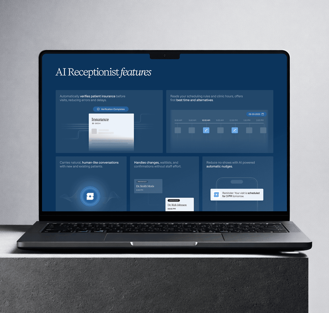 Sully.ai AI Receptionist features page on a laptop