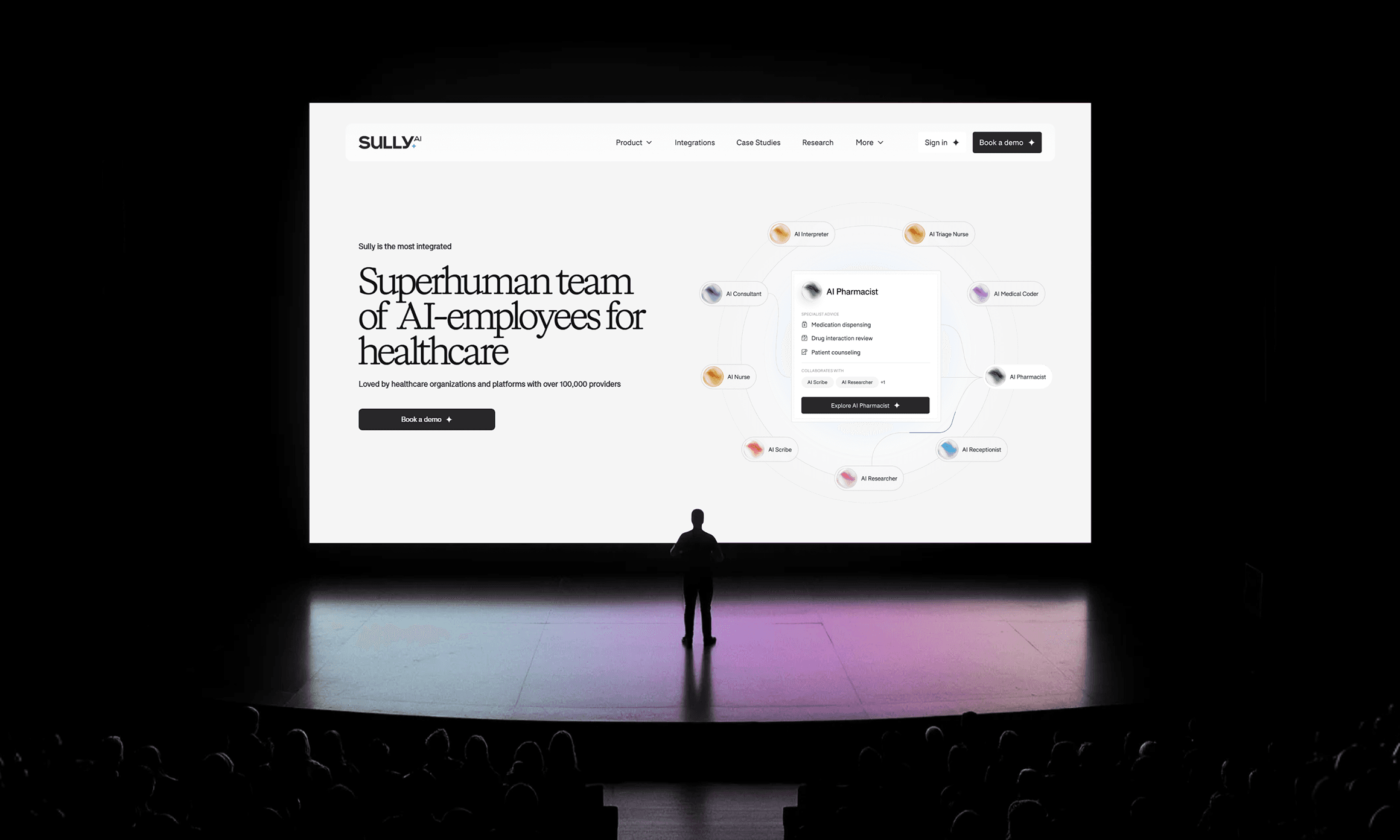 Sully.ai homepage hero projected on stage before an audience