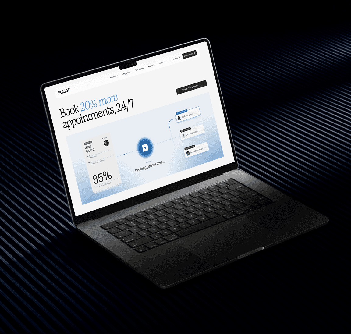 Sully.ai appointments booking product page on a dark laptop