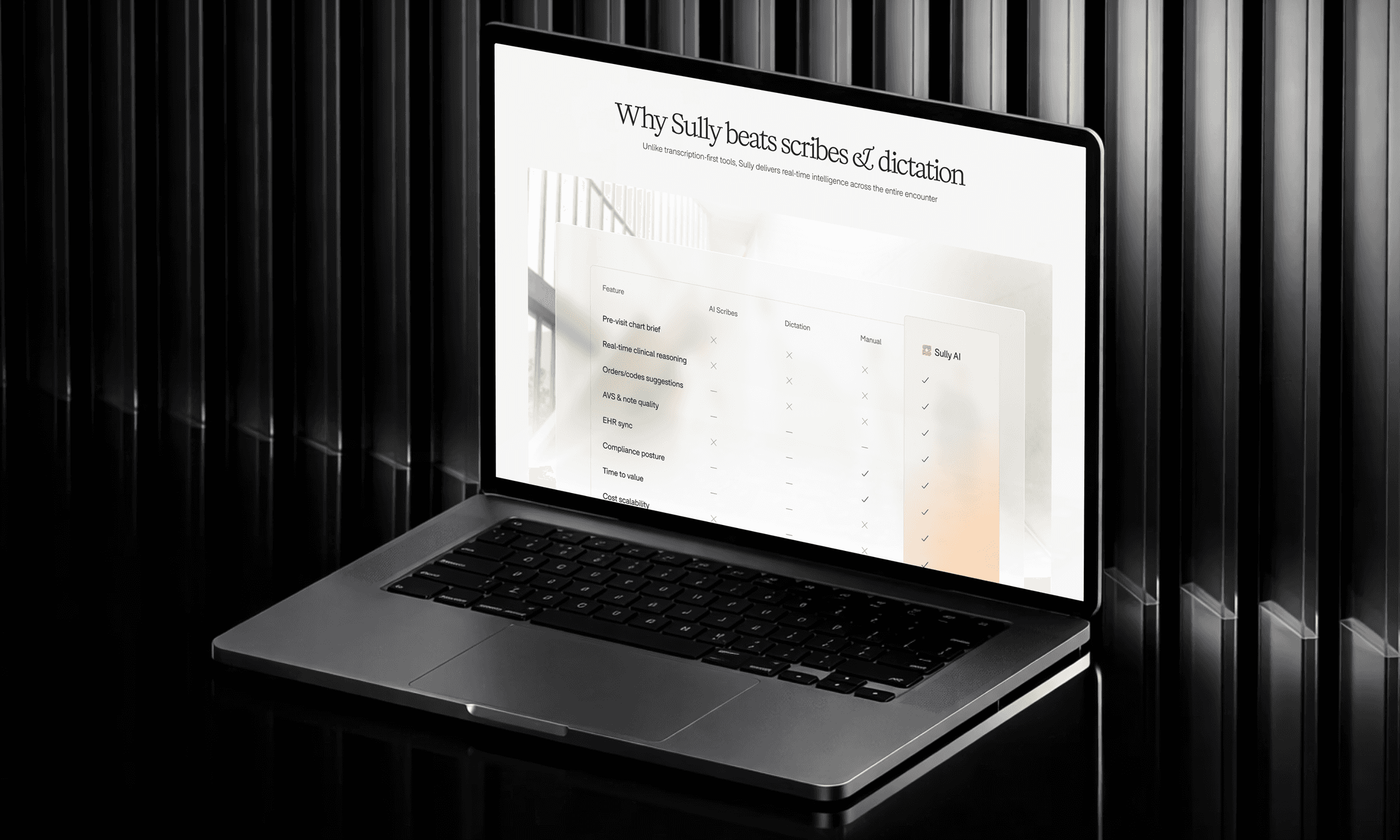 Sully.ai scribes-versus-dictation comparison page on a laptop
