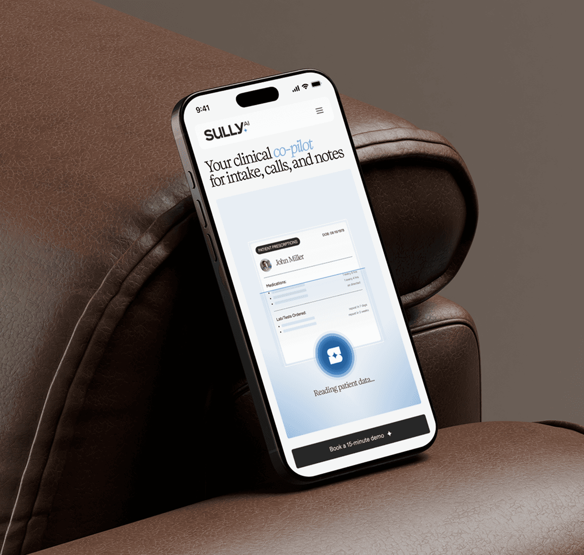 Sully.ai clinical co-pilot mobile screen on a leather chair